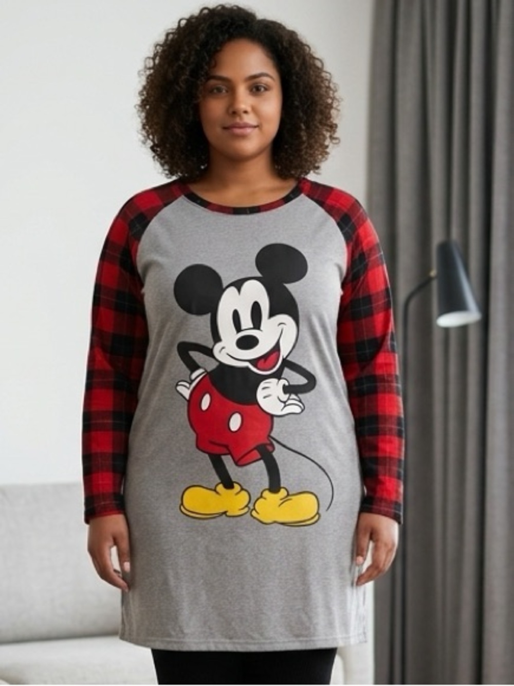 Disney Mickey Mouse Pajama Night Shirt Sleepwear Red Gray Plaid Size L